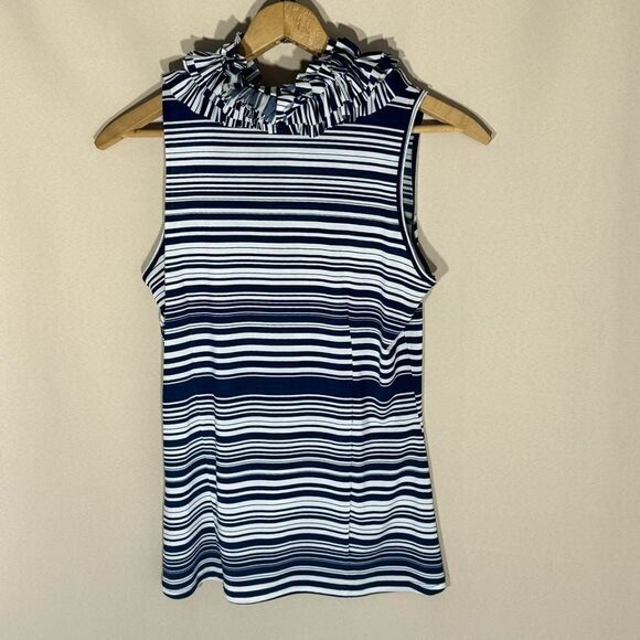 Milano Blue White Striped Sleeveless Frills Ruffled Neck Top Size M - Picture 8 of 12